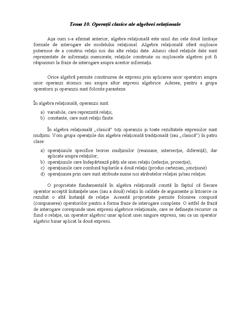 Tema 10 Operatii Clasice Algebra Relation | PDF