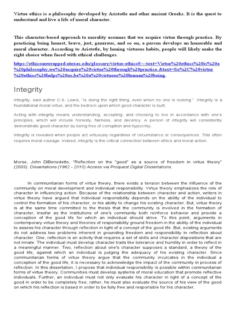 Understanding Virtue Ethics and Integrity | PDF | Virtue Ethics | Integrity