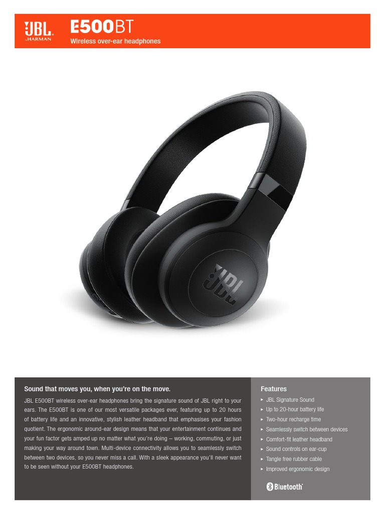 JBL E500BT Spec Sheet English | PDF Headphones