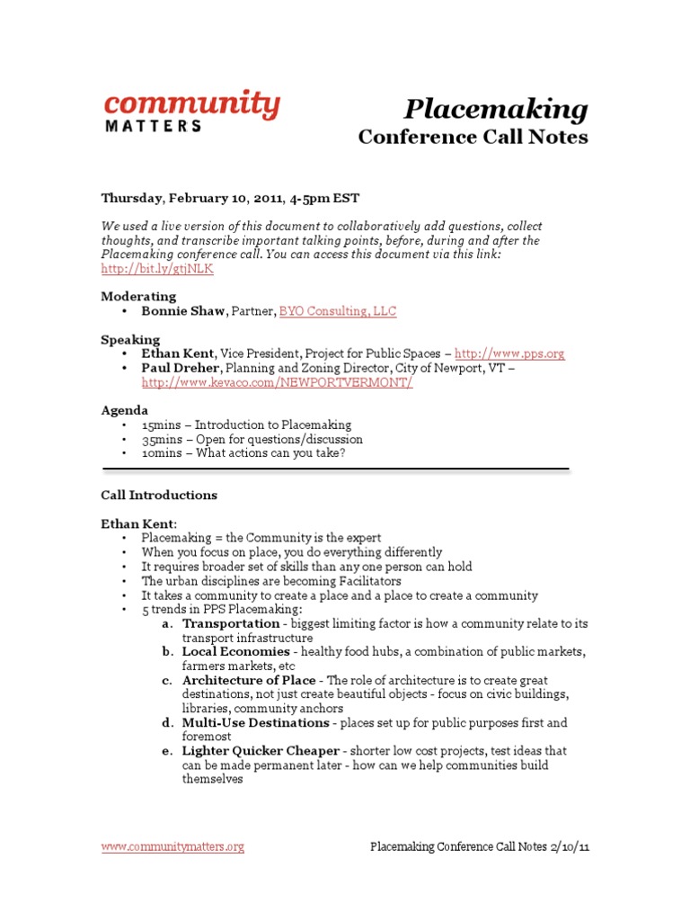 Community Matters Placemaking Conf Call Notes 2.10.11 | PDF