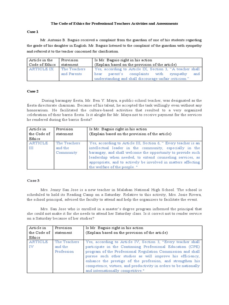 The Code Of Ethics For Professional Teachers Activities And Assessments Pdf Teachers Students