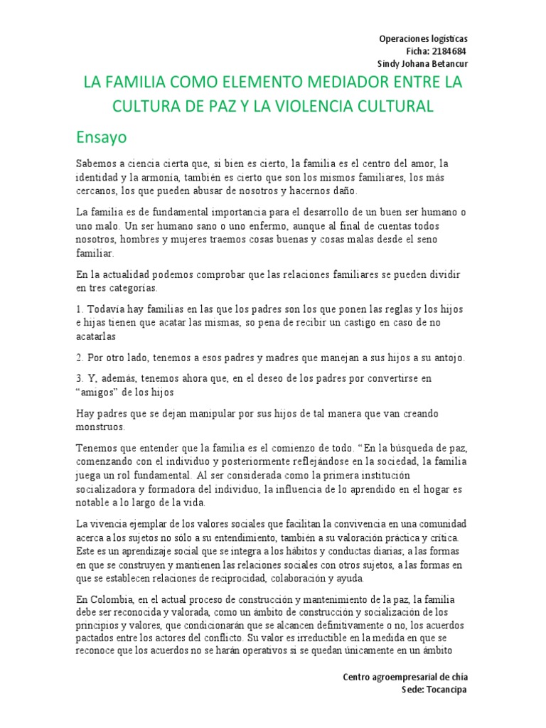 La Familia Como Elemento Mediador Entre La Cultura de Paz y La ...