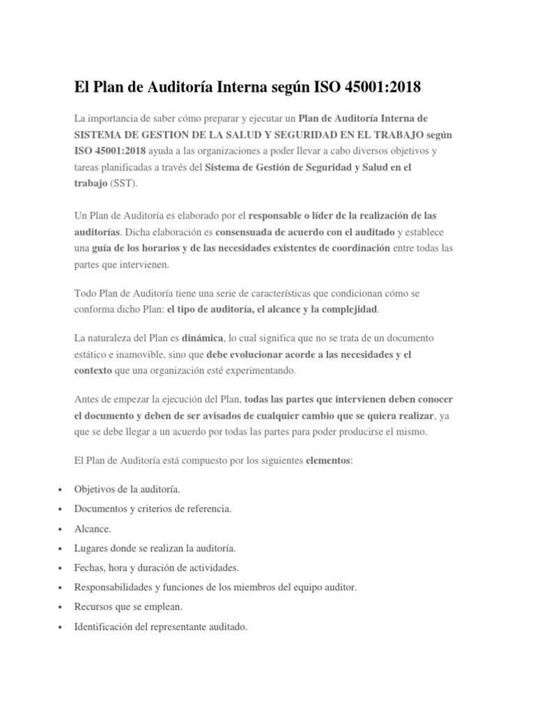 Plan de Auditoría Interna ISO 45001 | PDF | Calidad (comercial) | Auditoría