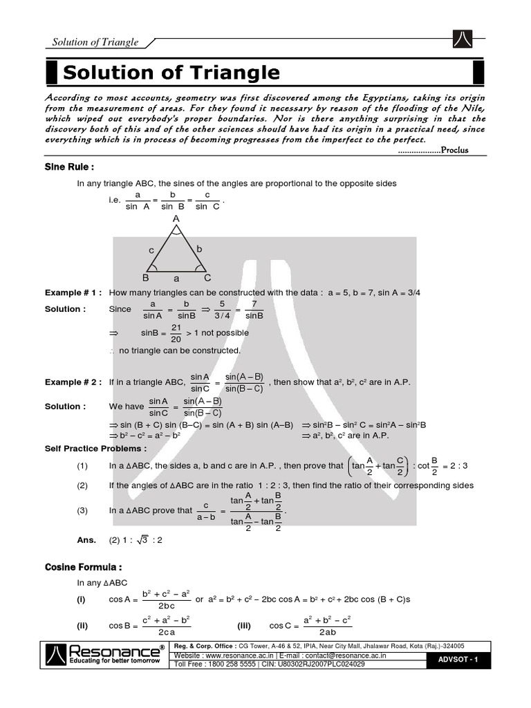 Solution of Triangle Theory Exercise N3txWEi PDF PDF Triangle Sine
