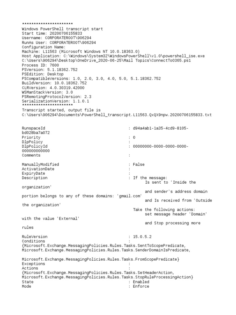 PowerShell Transcript for O365 Rule | PDF | Gmail | Component Object Model
