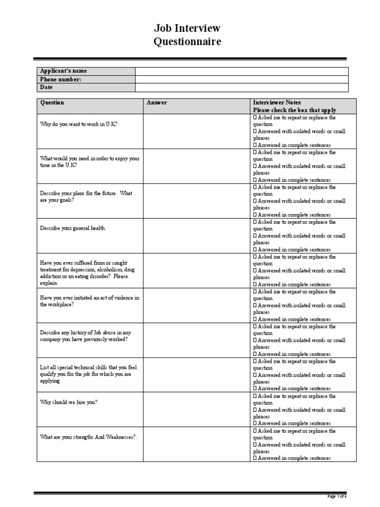 Job Interview Questionnaire Template | PDF