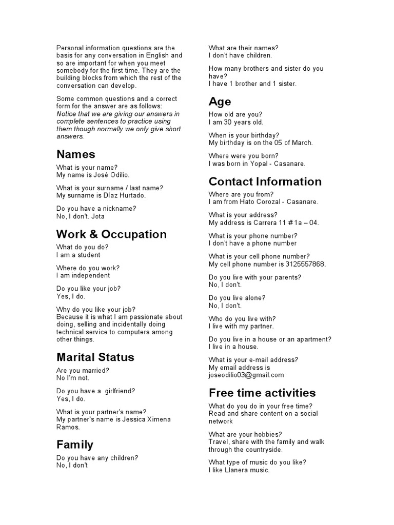 Personal Information Questions | PDF | Communication