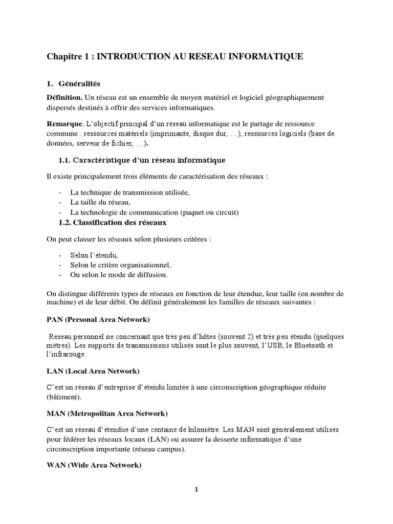 Chapitre 1 Introduction Au Réseau | PDF | Topologie de réseau | Réseau ...
