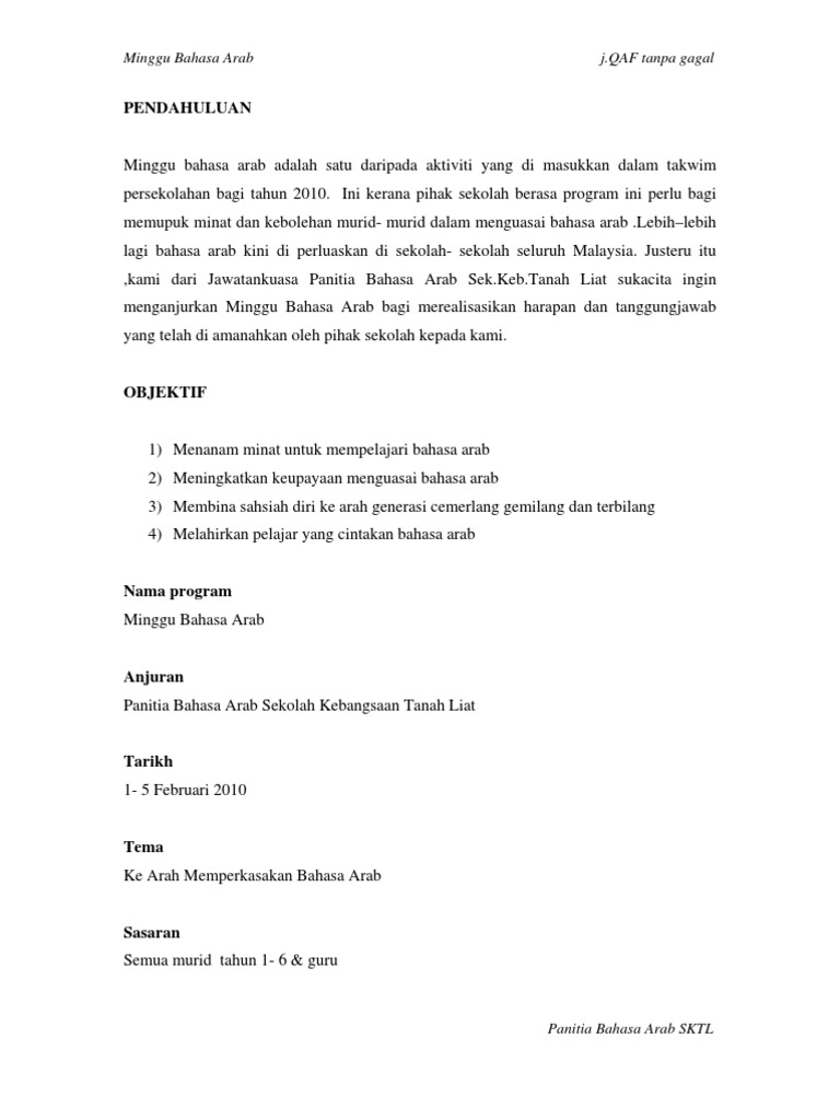 Contoh Kertas Kerja Minggu Bahasa Arab