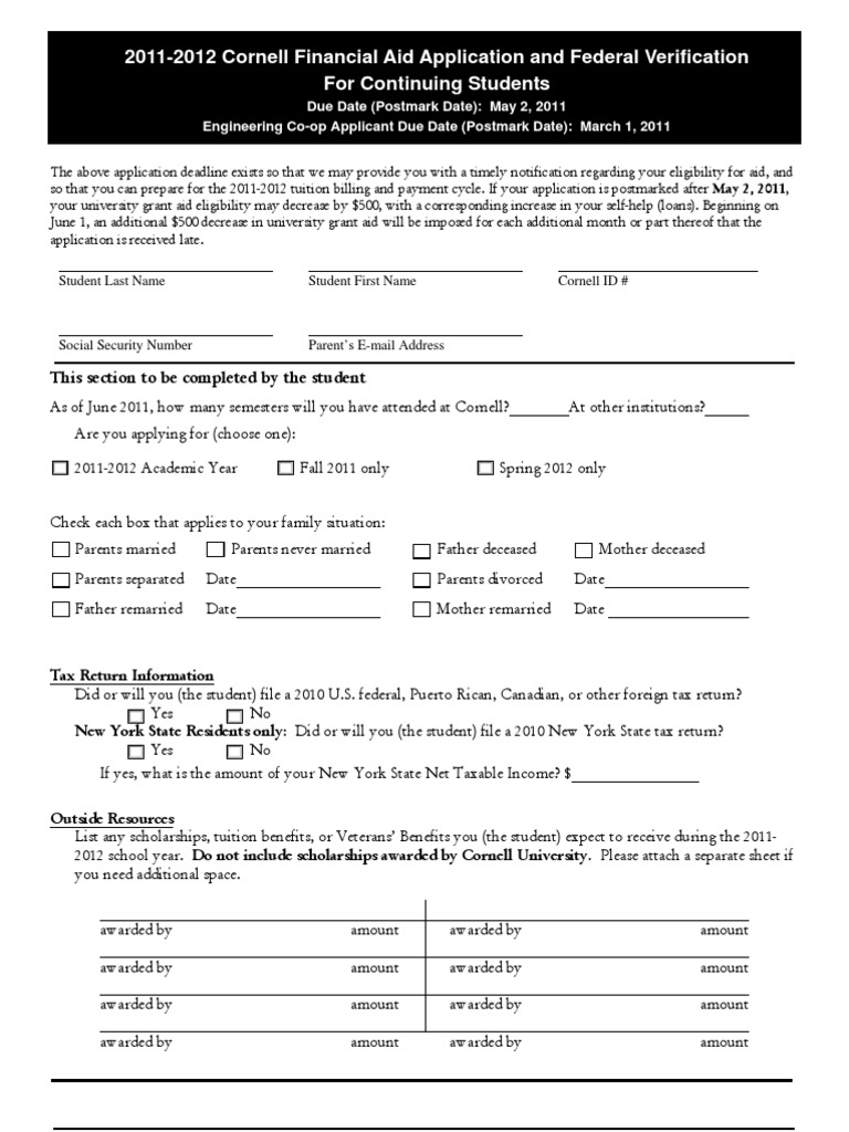 Cornell 2011-2012 Financial Aid Application | PDF | Tax Return (United ...