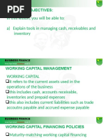 Learning Objectives:: in This Lesson, You Will Be Able To: A) Explain Tools in Managing Cash, Receivables and Inventory