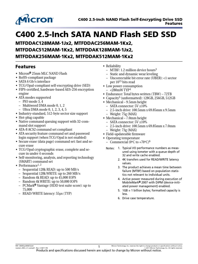 C400 2.5-Inch SATA NAND Flash SED SSD | PDF | Solid State Drive | Flash ...