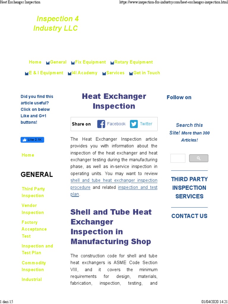 Heat Exchanger Inspection PDF Heat Exchanger Pipe (Fluid Conveyance)