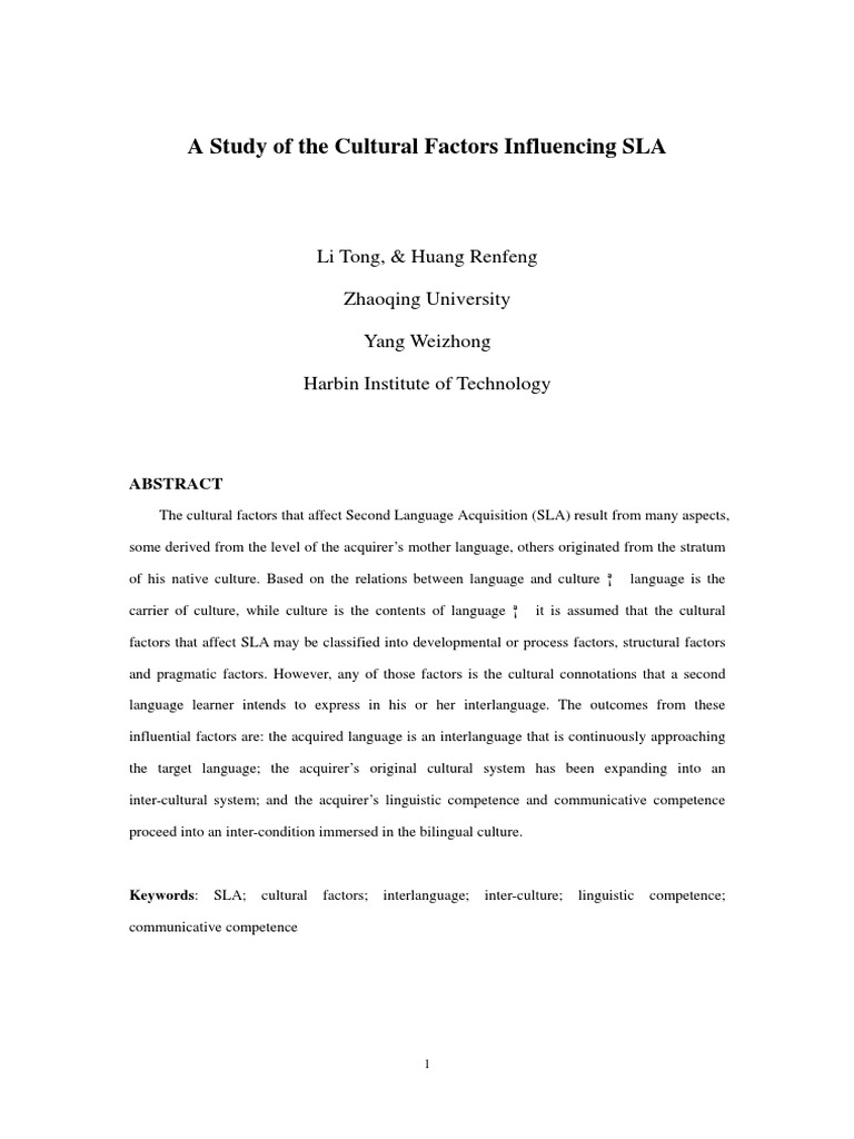 Cultural Influences on Second Language Acquisition | PDF | Second ...