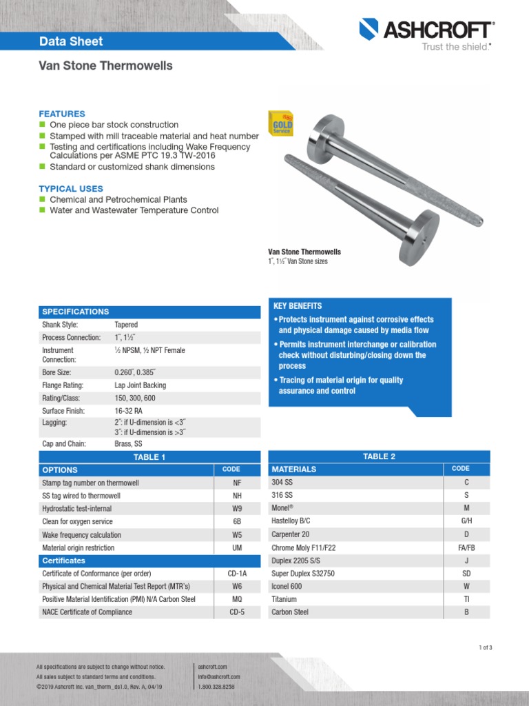 Van Stone Thermowells Data Sheet PDF Materials Building Materials