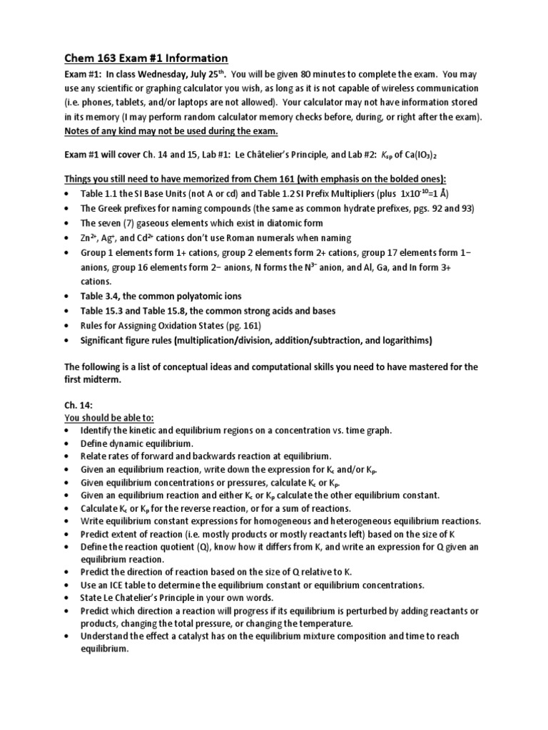 Chem 163 Exam 1 Overview and Guidelines | PDF | Chemical Equilibrium ...