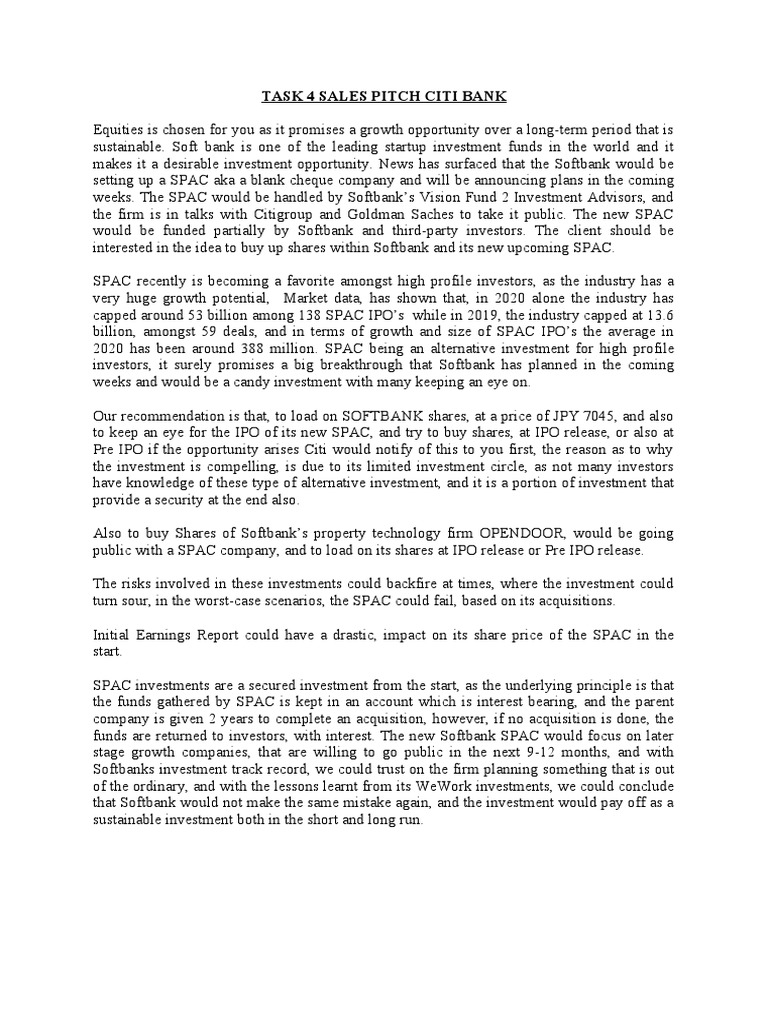 Task 4 Sales Pitch Citi Bank | PDF | Soft Bank Group | Initial Public  Offering