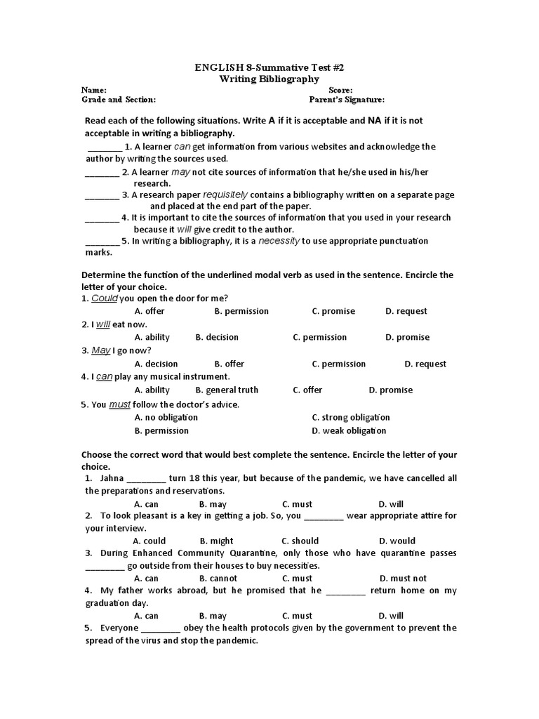 ENGLISH 8-Summative Test #2 Writing Bibliography: Name: Score: Grade ...