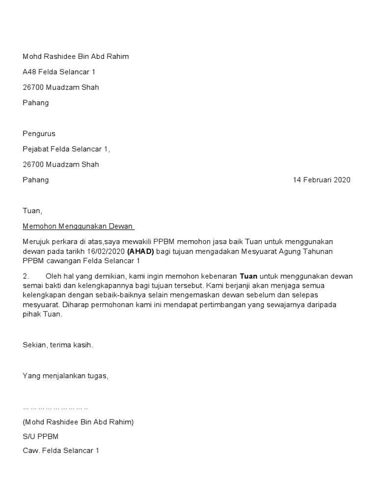 370458493 Surat Kiriman Rasmi Memohon Menggunakan Dewan Pdf