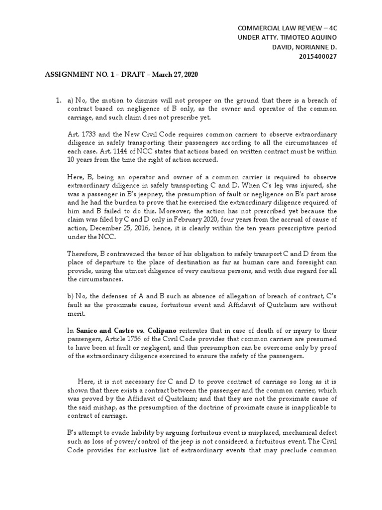 Commrev Assignment No. 1 PDF Common Carrier Negligence