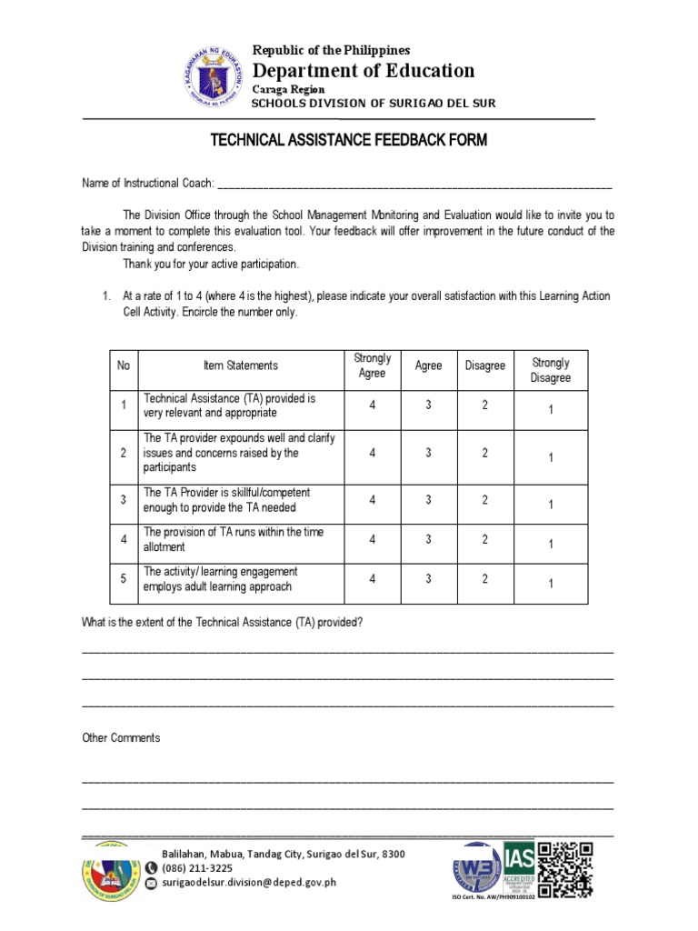 Technical Assistance Feedback Form | PDF | Applied Psychology ...