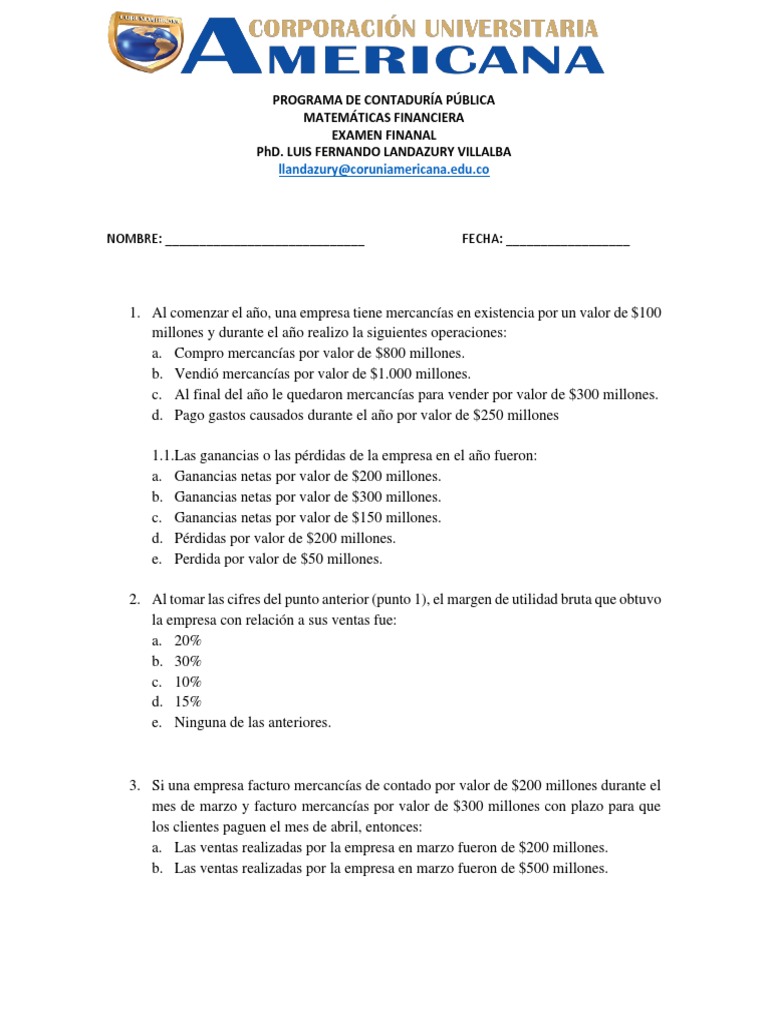 Examen de Matemáticas Financieras | PDF | Economias | Business