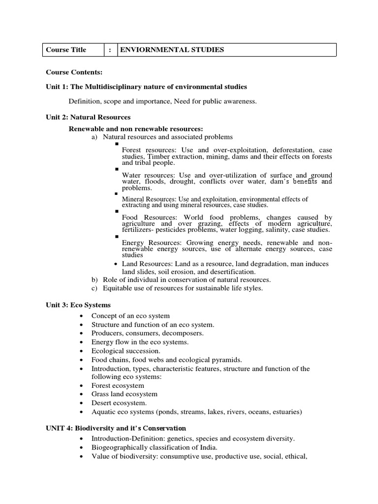 Course Title: Enviornmental Studies | PDF | Biodiversity | Conservation ...