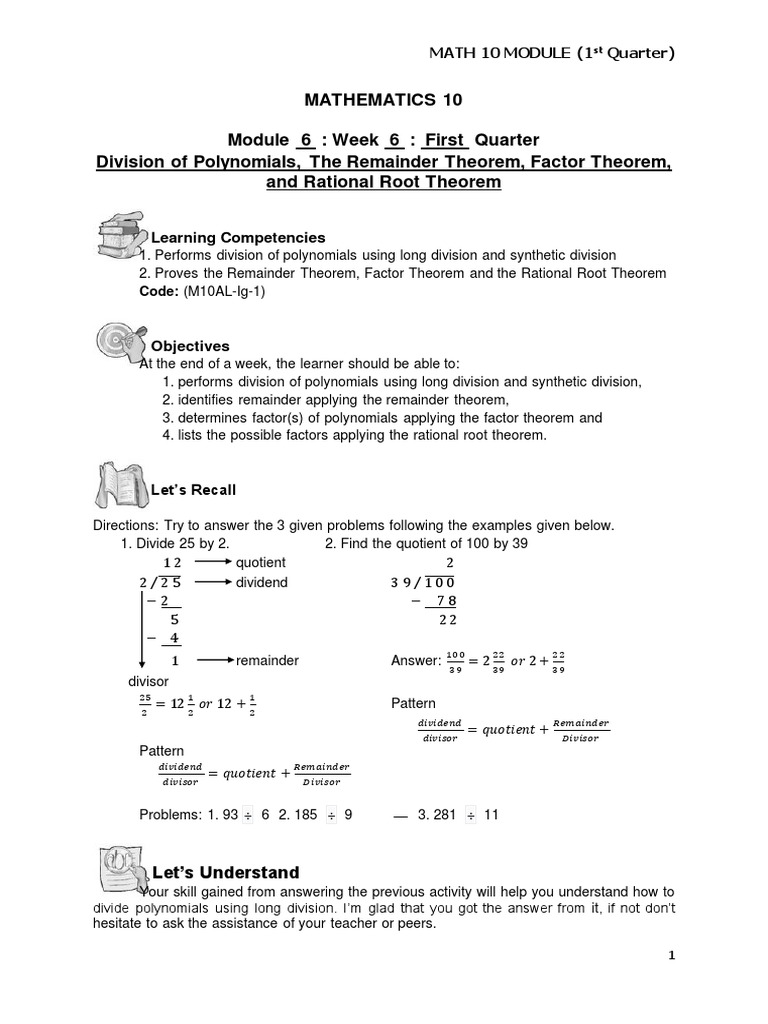 MATH Grade10 Quarter1 Module6 Week6 PDF PDF Factorization
