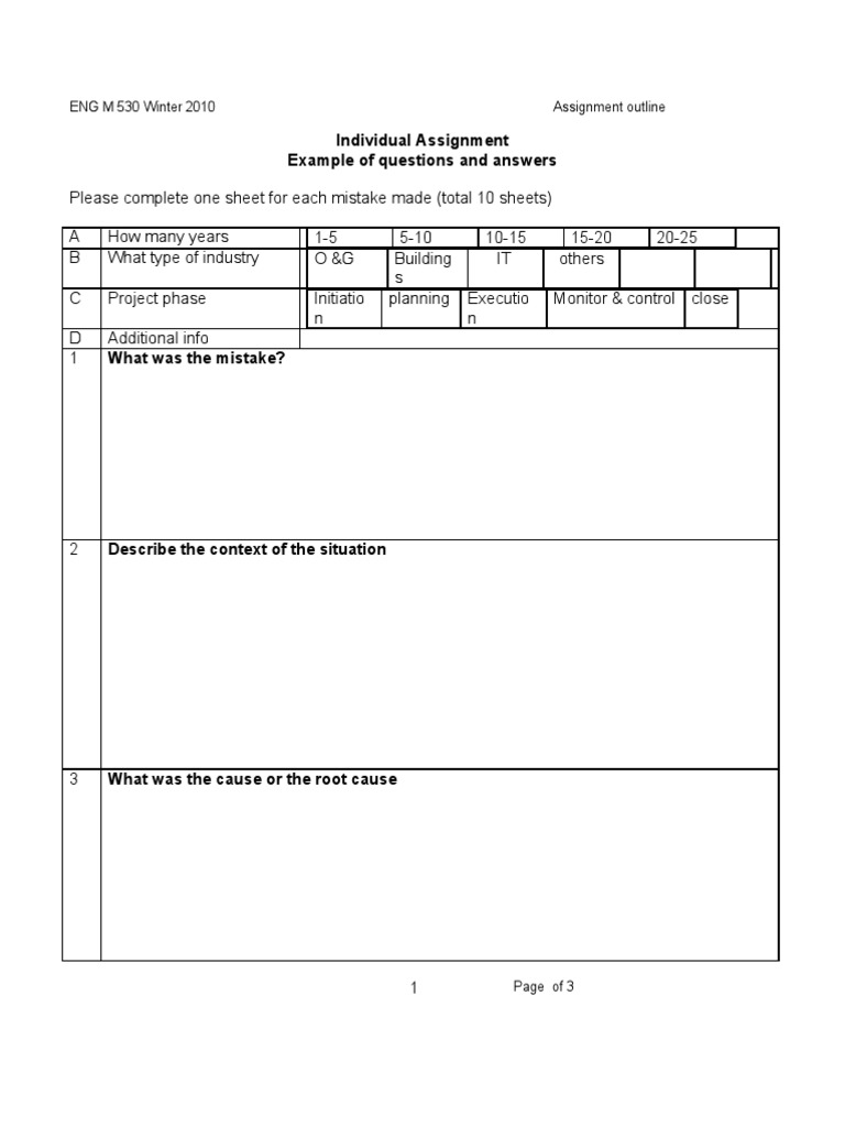 Individual Assignment Example of Questions and Answers: ENG M 530 ...