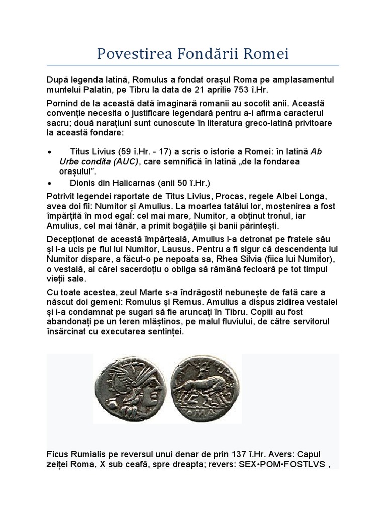 Povestirea Fondării Romei-Proiect | PDF