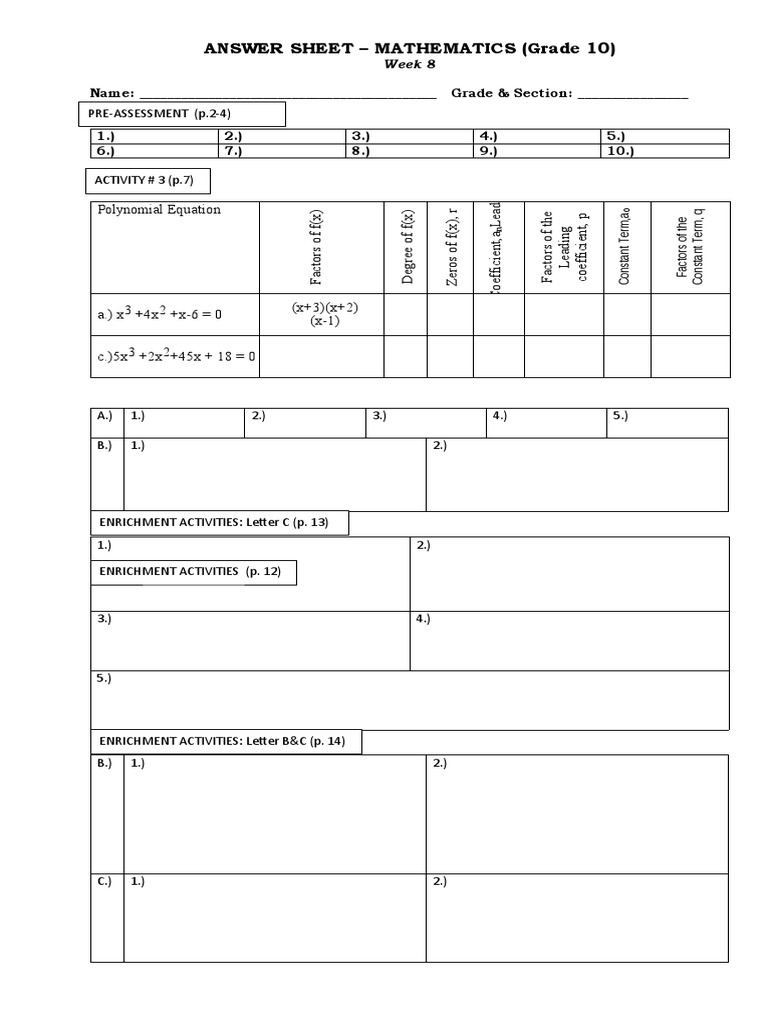 Grade 10 Polynomial Q&A Sheet | PDF | Mathematics Of Computing ...