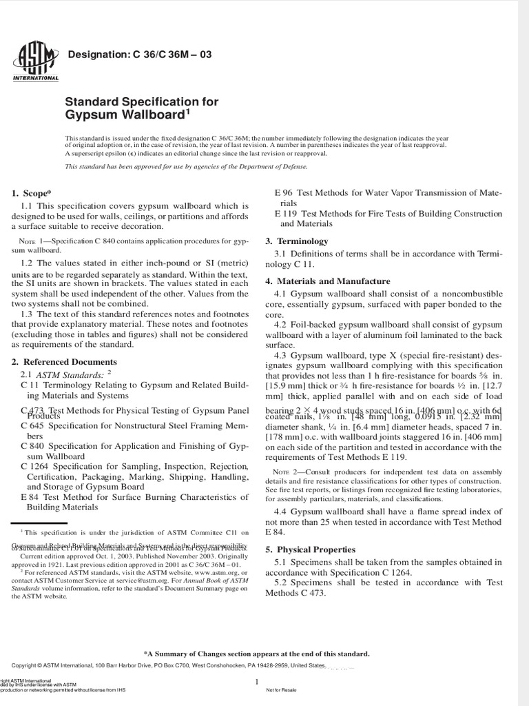 ASTM C 36 - Standard Specification For Gypsum Wallboard PDF