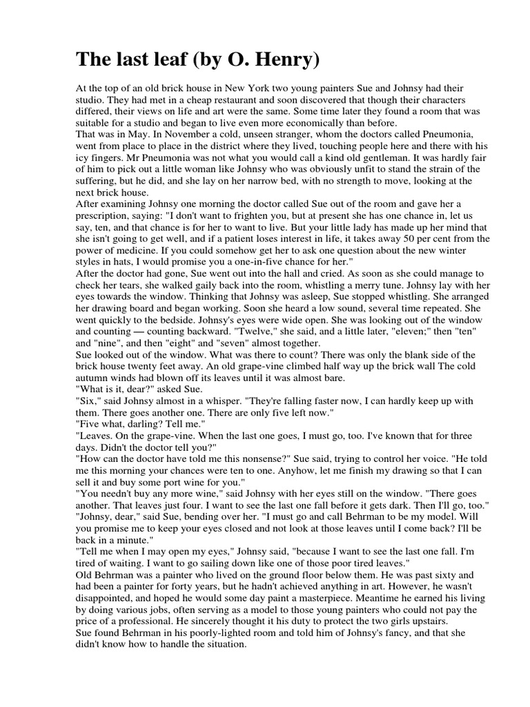 What Is The Conflict Of The Story The Last Leaf By O Henry