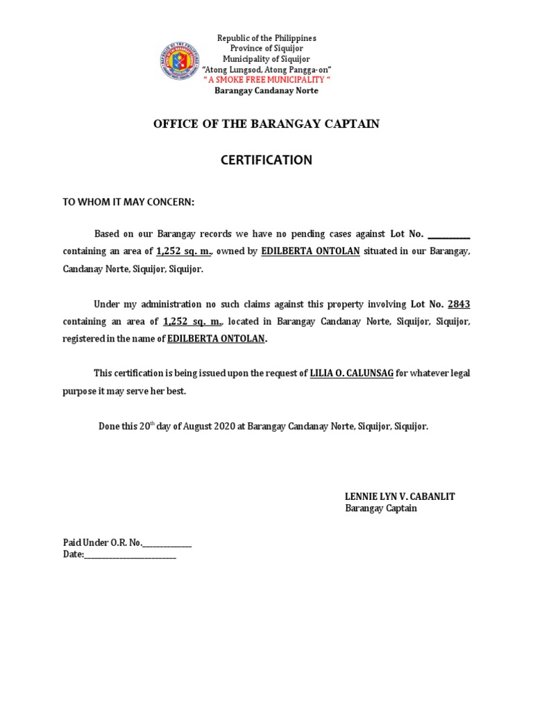 Certification Office of The Barangay Captain PDF