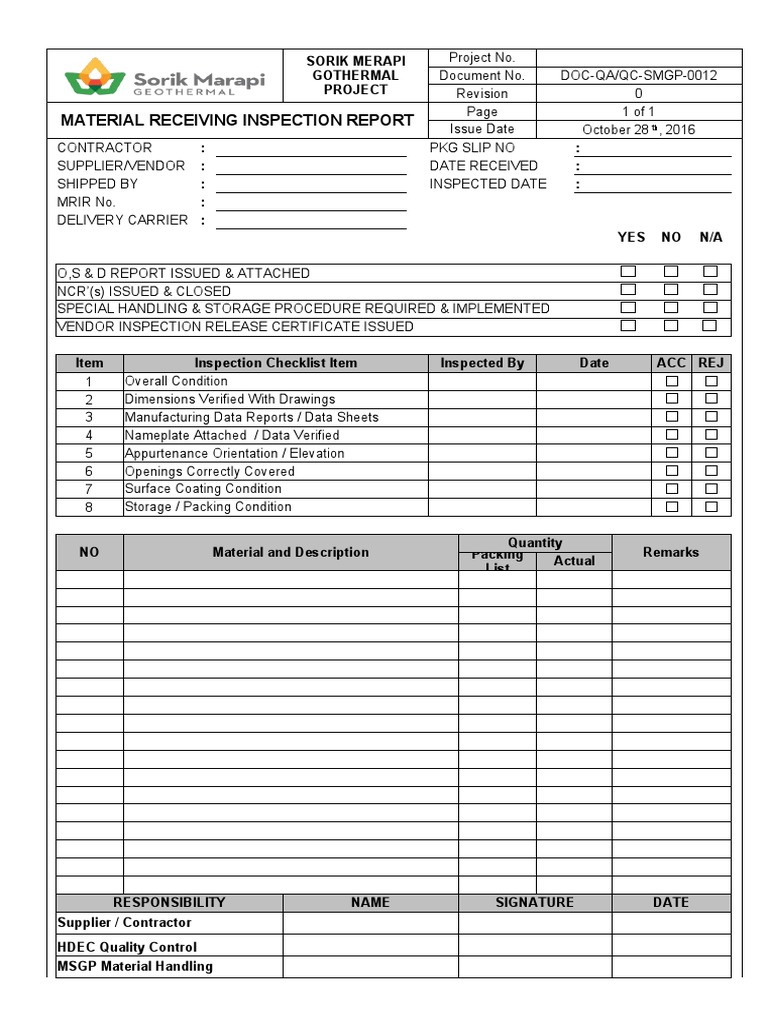 Material Receiving Inspection Report | PDF