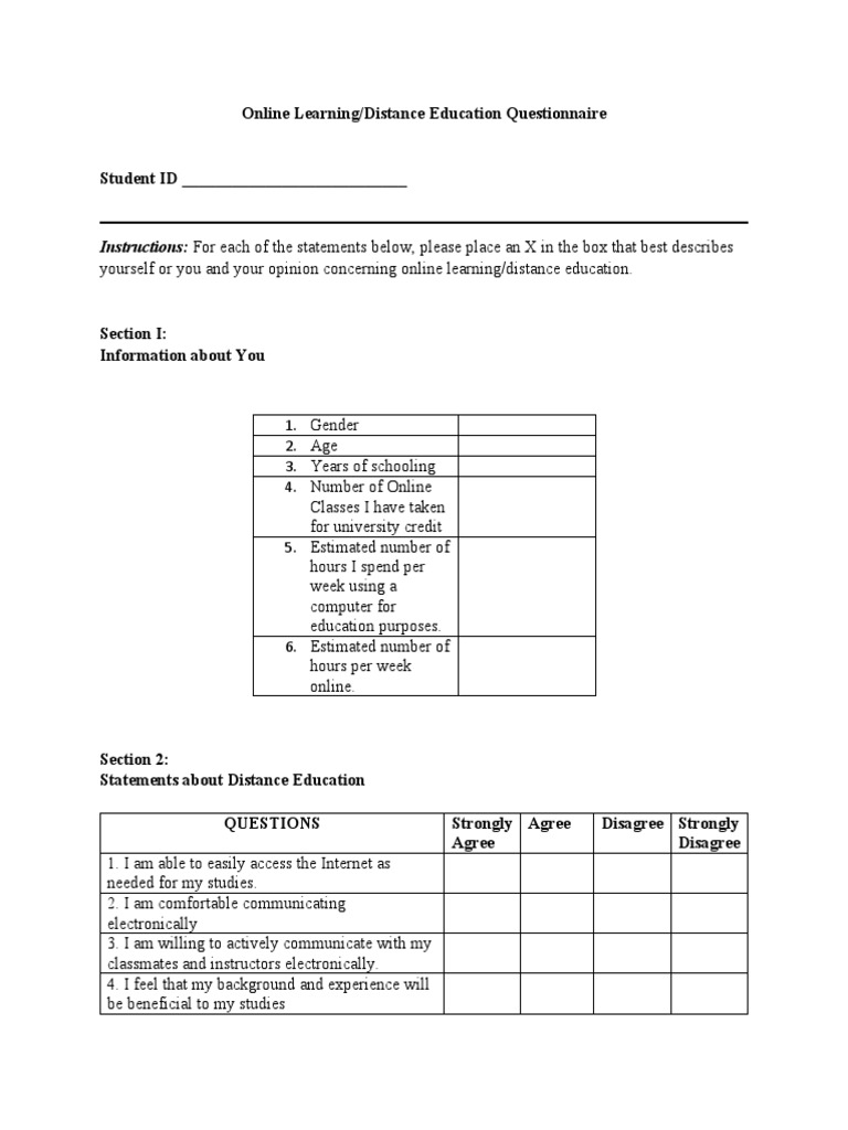 Online Learning/Distance Education Questionnaire PDF Educational