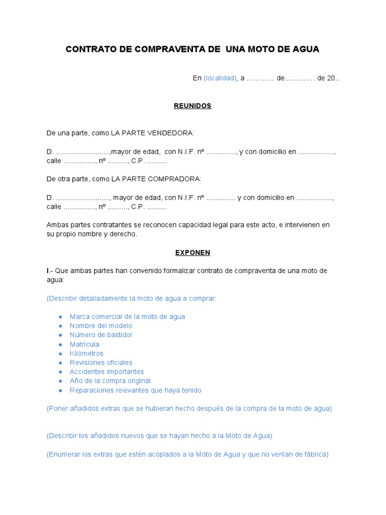 Contrato de Compraventa de Moto de Agua | PDF | Derecho civil (sistema ...