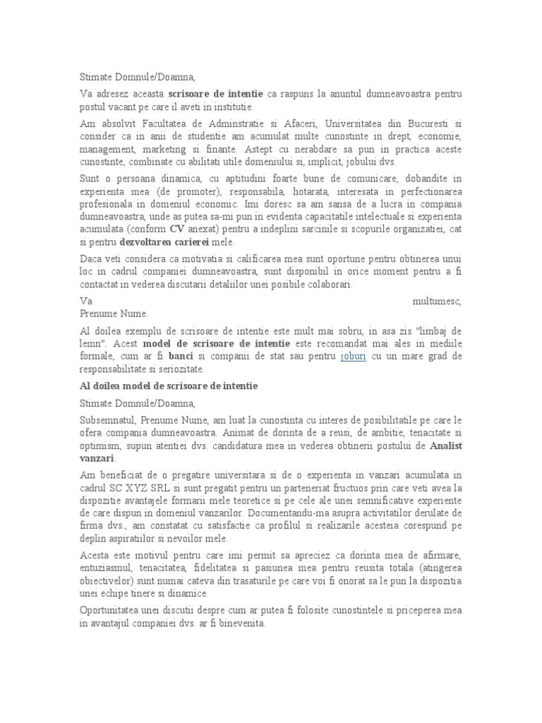 Model de Scrisoare de Intentie | PDF