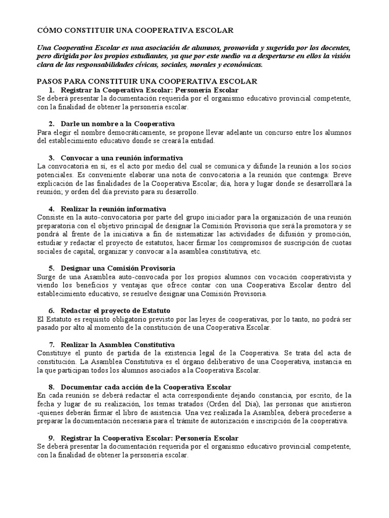 Cómo Constituir una Cooperativa Escolar | PDF | Cooperativa | Gobierno
