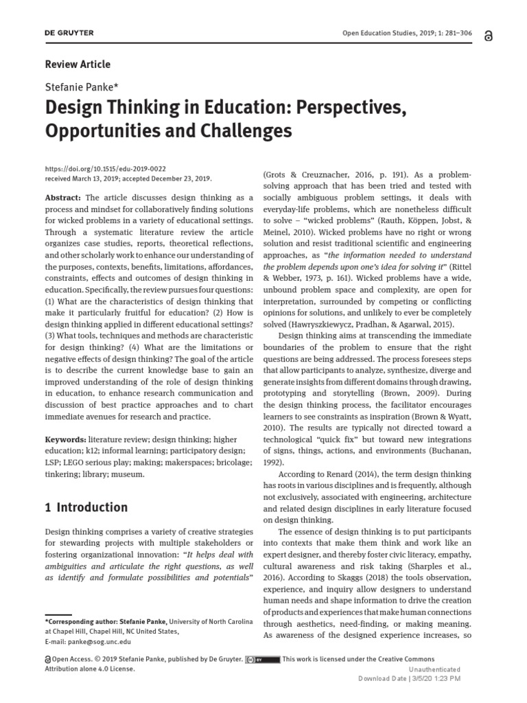Design Thinking in Education Perspectives Opportun | PDF | Design ...