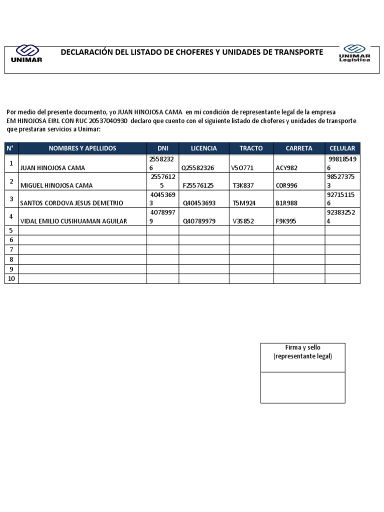 Declaración Del Listado de Choferes y Unidades de Transporte PDF