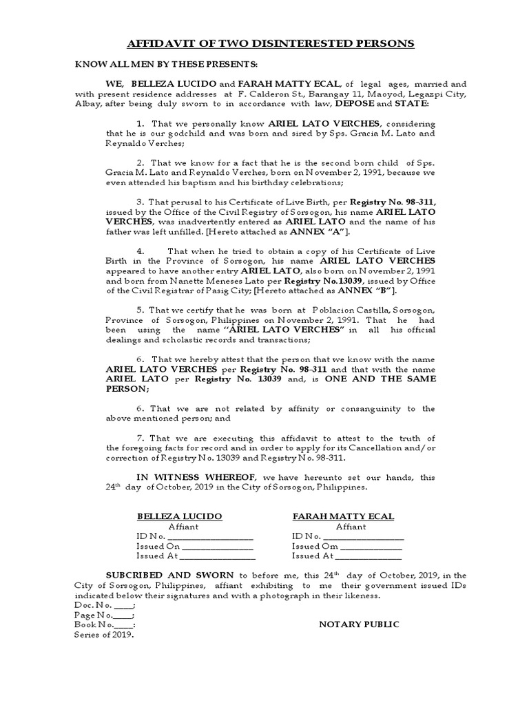 AFFIDAVIT OF TWO DISINTERESTED PERSONS VERCHES Final | Download Free ...