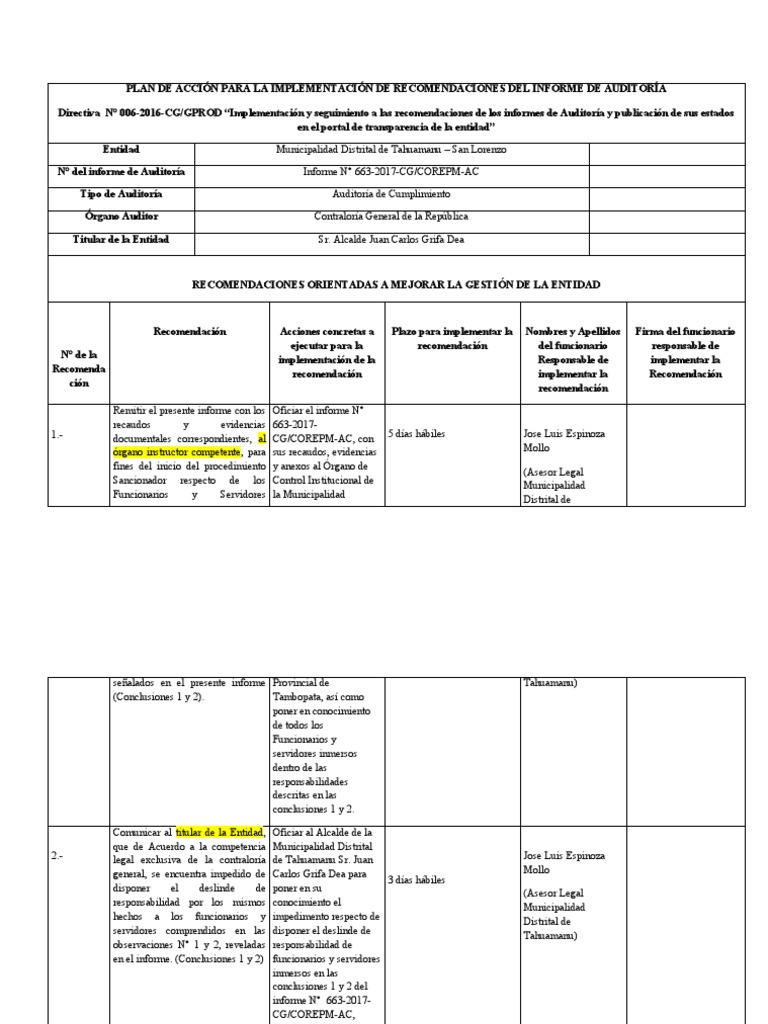 Plan de Acción para Recomendaciones de Auditoría | PDF | Auditoría ...