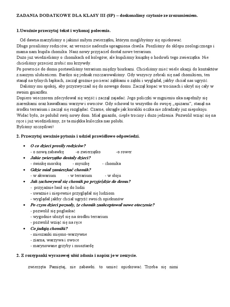 Karty Pracy Czytanie Ze Zrozumieniem Klasa 3 Do Wydruku Czytanie - Ze - Zrozumieniem Klasa 3 | PDF