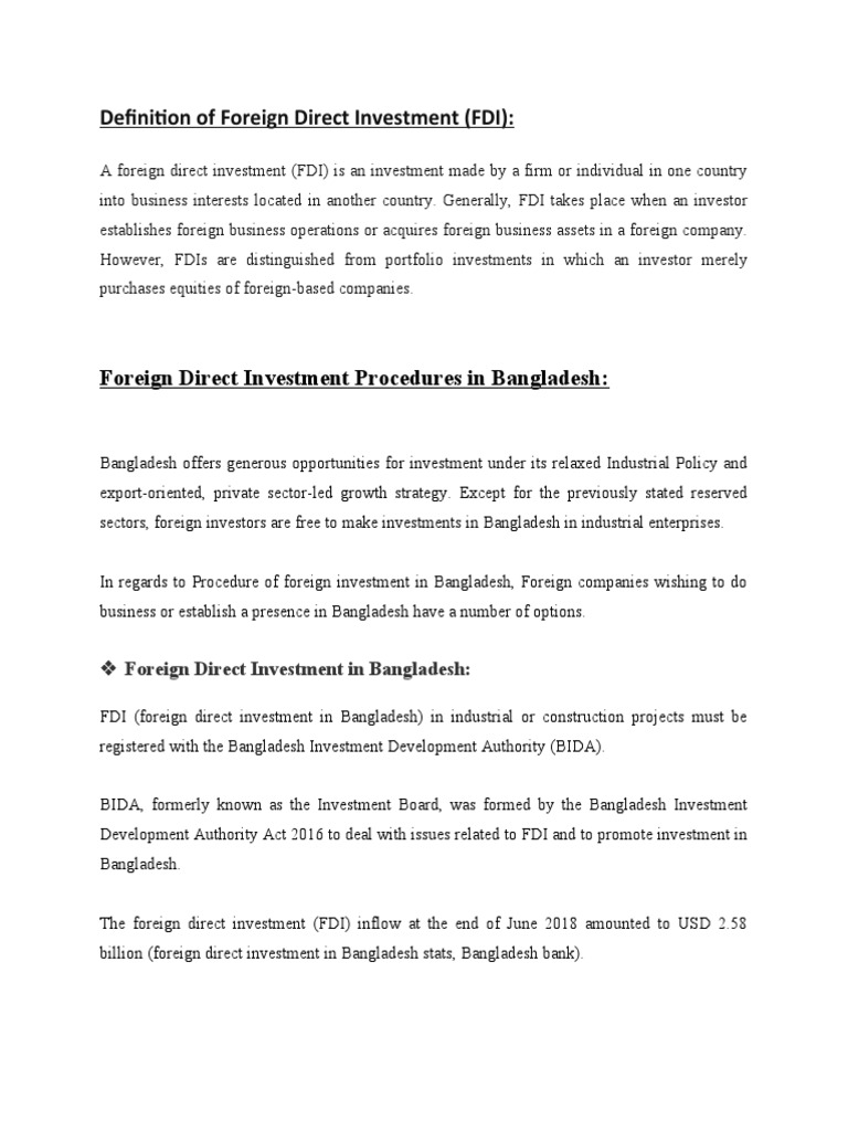 Definition of Foreign Direct Investment (FDI) | PDF | Foreign Direct ...