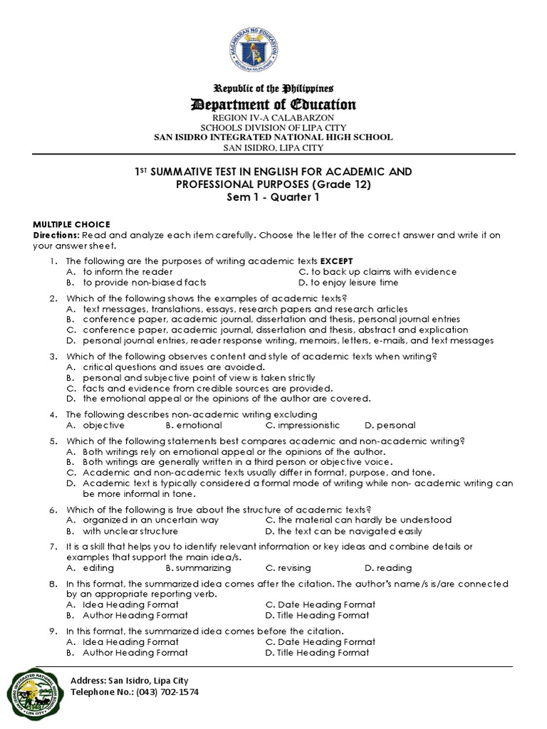 Grade 12 English 1st Summative Test | PDF | Thesis | Academic Publishing