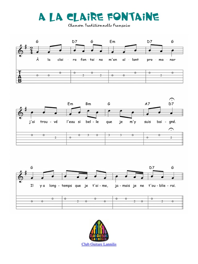 A La Claire Fontaine Tablature Guitare PDF