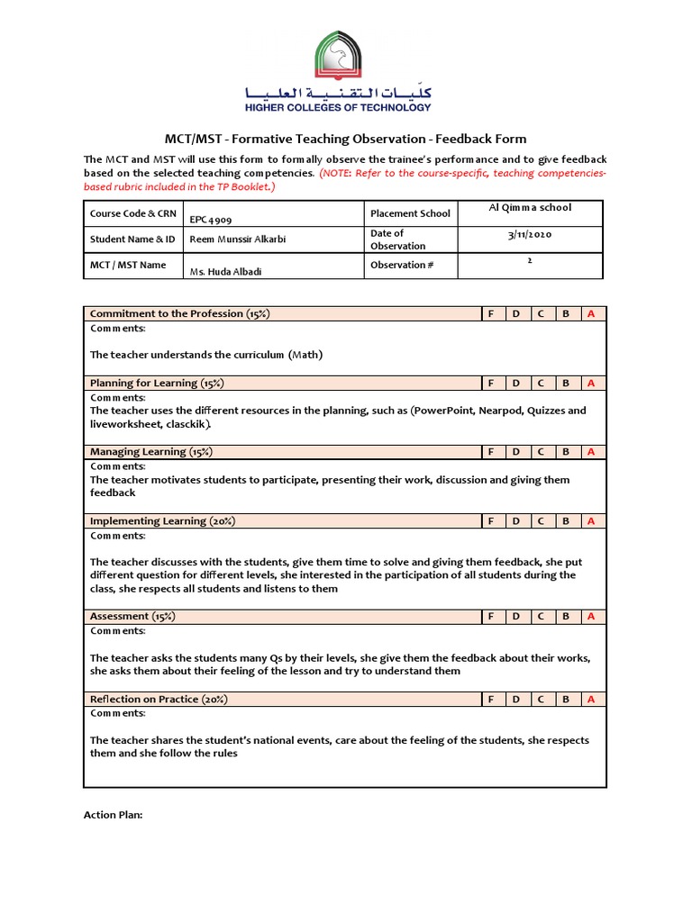 MCTMST Observation Template Reem Alkarbi 2 | PDF | Teachers | Behavior ...