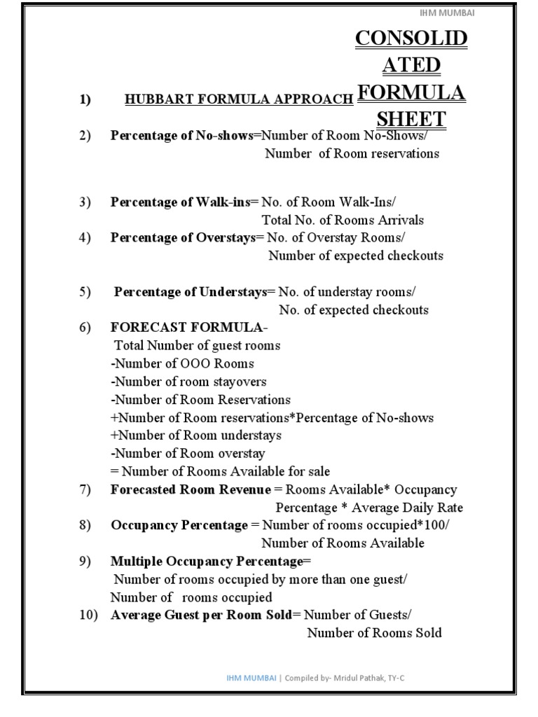 Consolid Ated Formula Sheet: Ihm Mumbai | PDF | Hotel And Accommodation ...