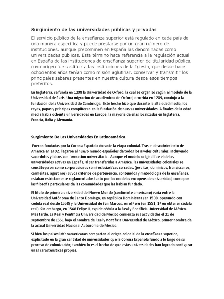 Surgimiento de Las Universidades Públicas y Privadas | PDF ...